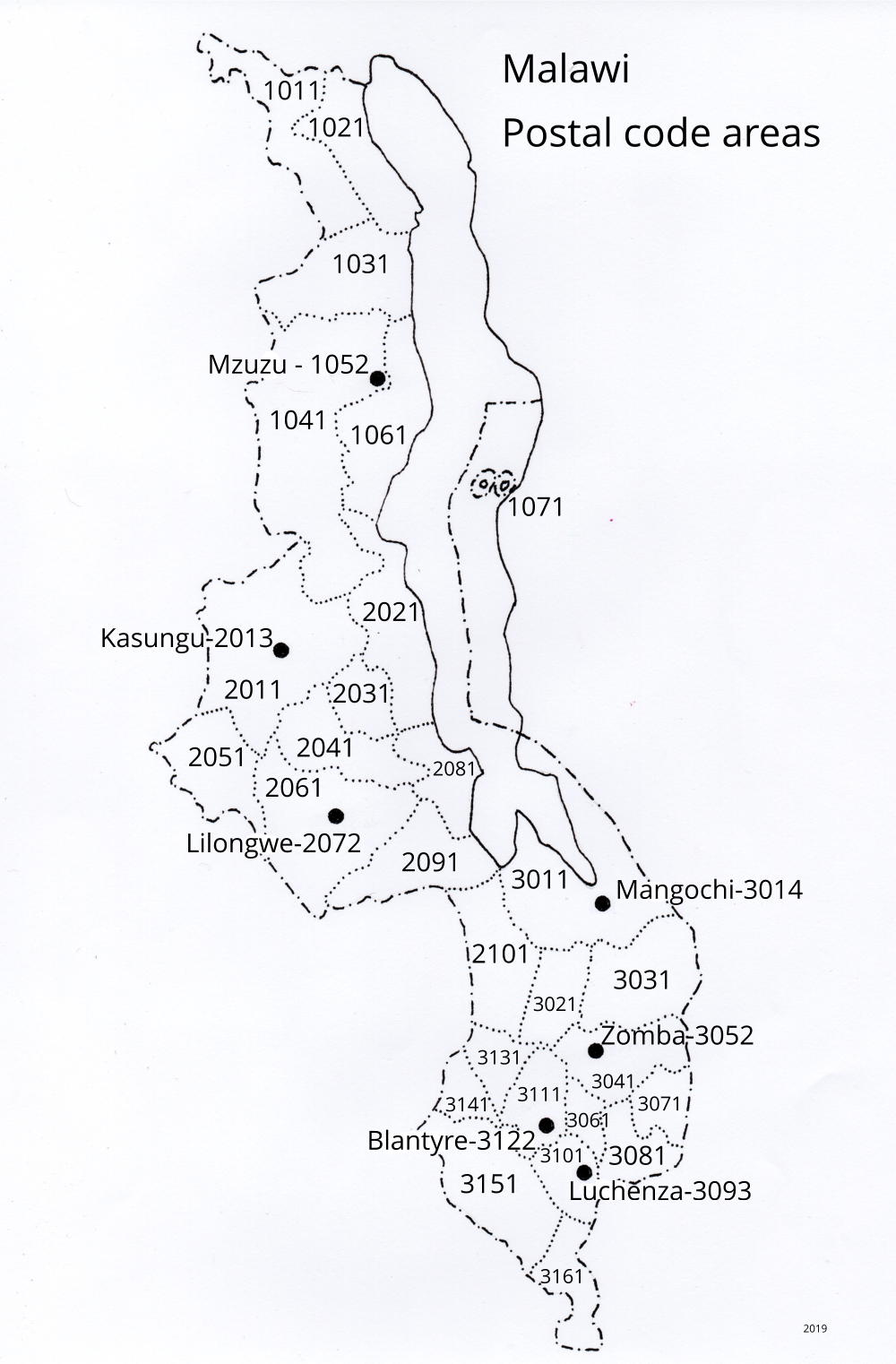Malawi postal code areas 2019