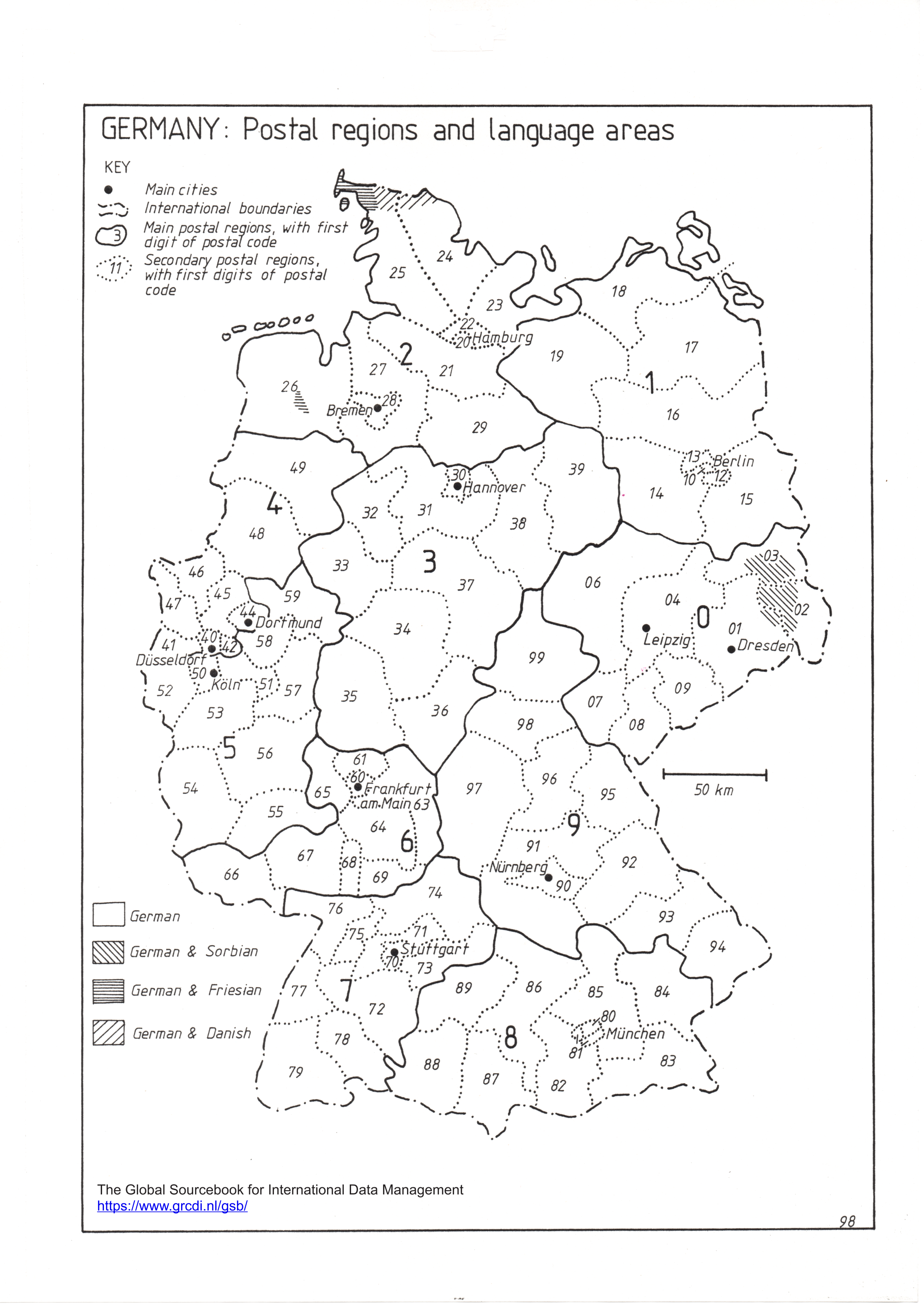Germany postal code and language map