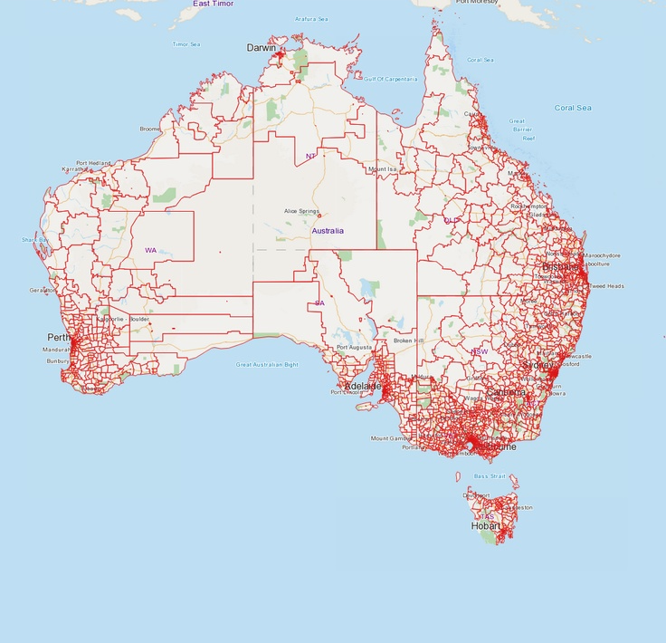 Australian postal code boundaries, showing the huge size differential between postal code districts